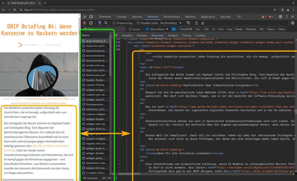 Ein DNIP.ch-Artikel, wie er bei aktivierter Entwicklungsumgebung des Browsers erscheint. Links ist der Artikel zu sehen, wie ihn Leserinnen sehen würden; rechts sind die Informationen zu sehen, die der Webbrowser vom Webserver erhalten hat. Rechts findet sich derselbe Text als HTML-Quelltext, also so, wie es der Browser vom Webserver erhalten hat. (Die Rahmen und Pfeile sind natürlich zur Hervorhebung der entsprechenden Inhalte darüber gelegt und nicht Teil des Screenshots.)