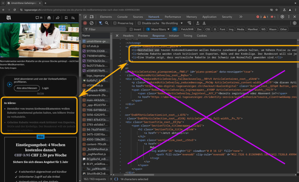 Ein Tages-Anzeiger-Artikel im Browser mit offenen Entwicklertools. Hier wird nur der Aufmachertext zurückgeliefert, solange man als nicht eingeloggter „Normaluser“ auf den Artikel zugreifen will.