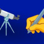 Ein Teleskop und eine schreibende Hand auf blauem Hintergrund