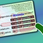 Eine ID-Karte, auf der steht: "Wollen Sie Folgendes an Wikipedia senden: Name, Wohnort, Geburtsdatum, Alter ≥18 Jahre?" Angekreuzt ist nur der Altersnachweis, bei den anderen steht "nicht gesendet". Diese physische Nachahmung einer E-ID wird einem bernsteinfarbenen Computermonitor gezeigt, auf dem steht: "Sind Sie volljährig? Jan/Nein"