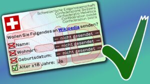 Eine ID-Karte, auf der steht: "Wollen Sie Folgendes an Wikipedia senden: Name, Wohnort, Geburtsdatum, Alter ≥18 Jahre?" Angekreuzt ist nur der Altersnachweis, bei den anderen steht "nicht gesendet". Diese physische Nachahmung einer E-ID wird einem bernsteinfarbenen Computermonitor gezeigt, auf dem steht: "Sind Sie volljährig? Jan/Nein"